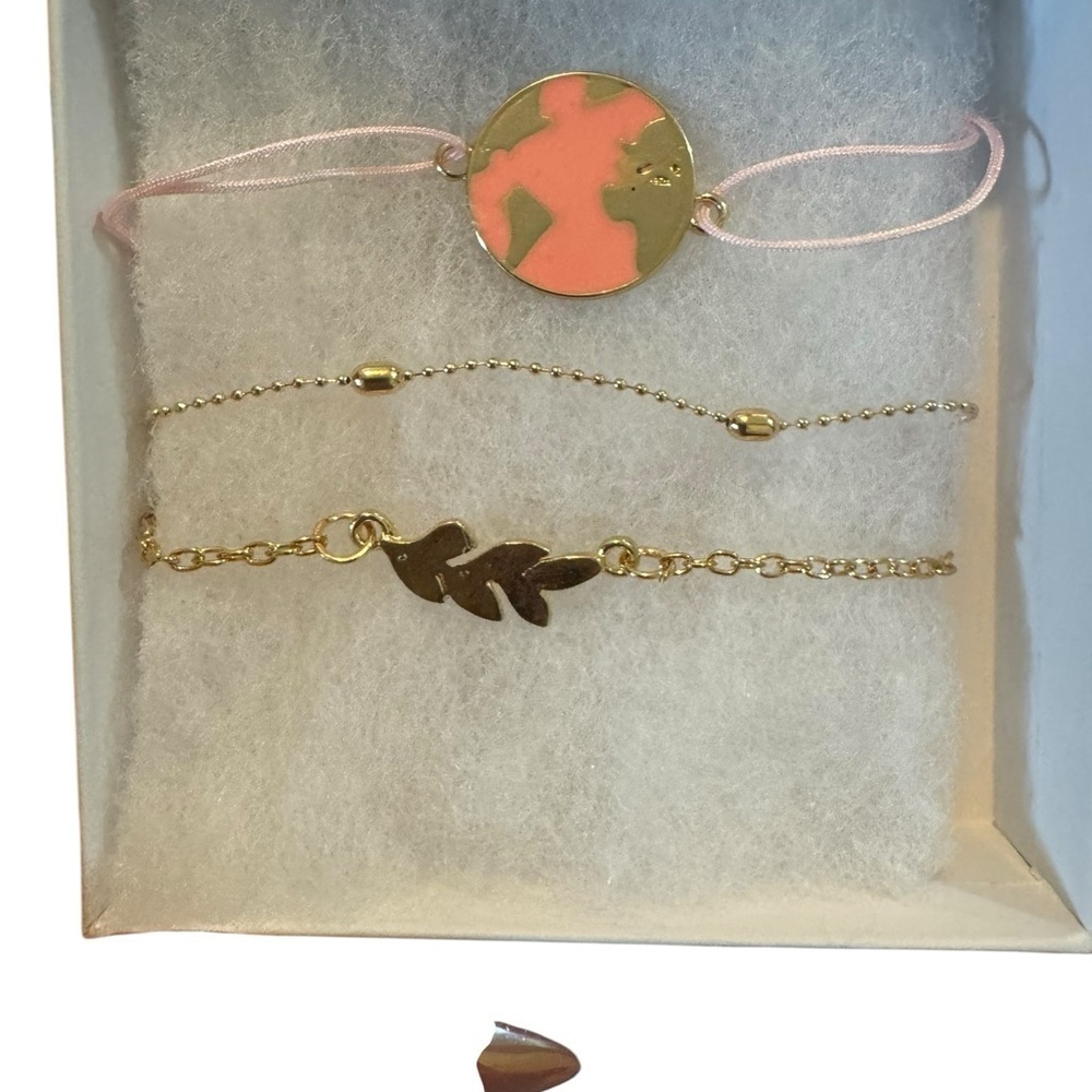 New Gold and Pink Leaf & World Bracelet Set in box